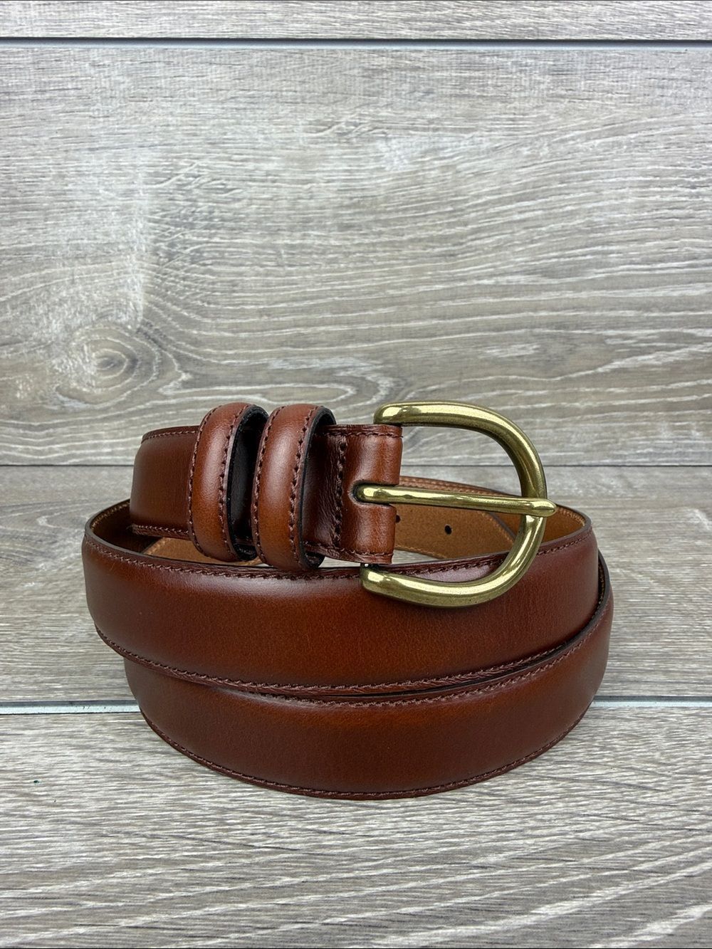 Jos. A. Bank 3077 Mens Sz 46 Cognac Fine Italian Leather Solid Brass Buckle Belt